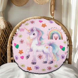 Farbenfrohe Einhornbahn und Blume Rundes Kissen