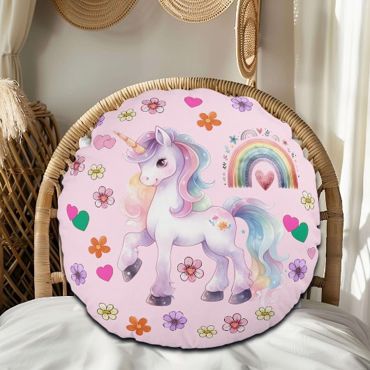 Farbenfrohe Einhornbahn und Blume Rundes Kissen