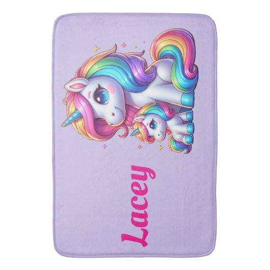 Farbenfrohe Einhörner, Mit Monogramm mit Namen | Badematte (Vorderseite Vertikal)