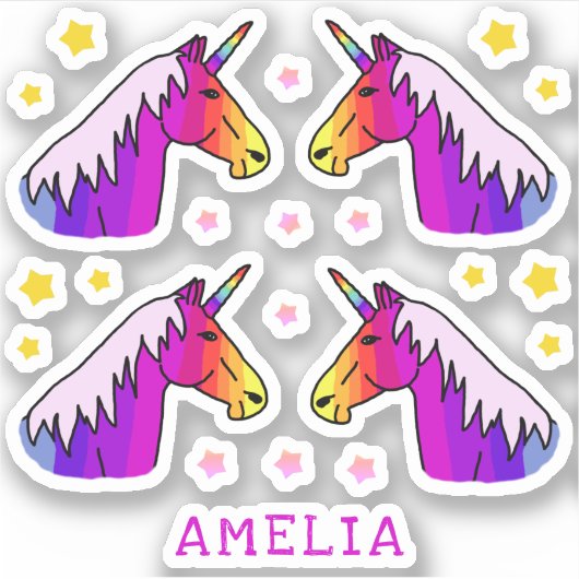 Farbenfrohe Einhornsterne Name Kids Sticker (Vorderseite)