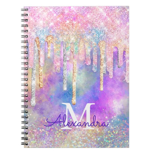 Farbenfrohe Einhorntropfmonogramm für Glitzer Notizblock (Vorderseite)