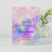 Farbenfrohe Einhorntropfmonogramm Glitzer in Einladung (Stehend Vorderseite)