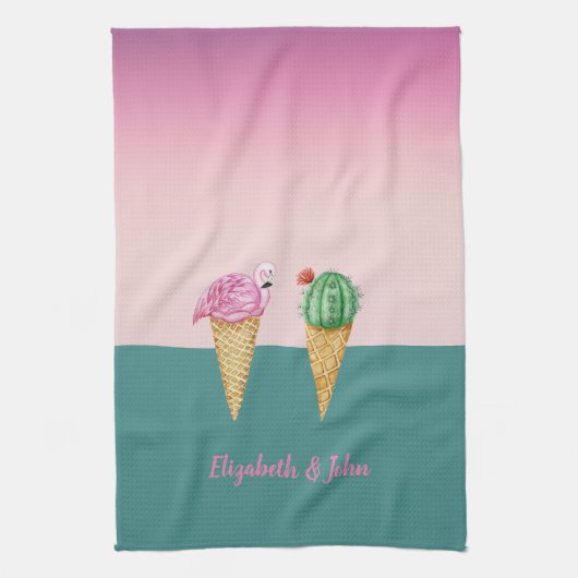 Farbenfrohe Eiscreme Cones Cactus Pink Flamingos Geschirrtuch (Vertikal)