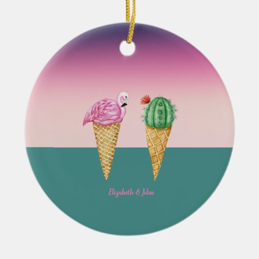 Farbenfrohe Eiscreme Cones Cactus Pink Flamingos Keramik Ornament (Vorne)