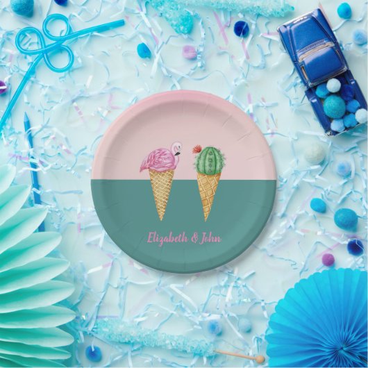 Farbenfrohe Eiscreme Cones Cactus Pink Flamingos Pappteller (Party)