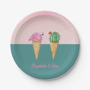 Farbenfrohe Eiscreme Cones Cactus Pink Flamingos Pappteller