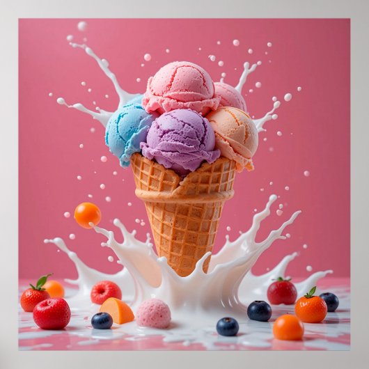 Farbenfrohe Eiscreme-Kone mit Splash Milk Poster (Vorne)