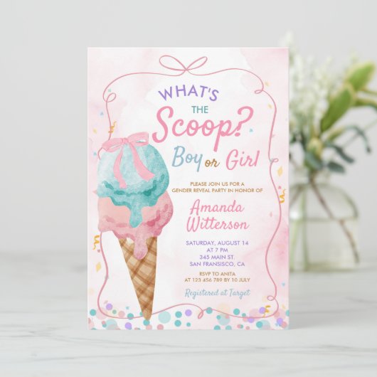 Farbenfrohe Eiscreme oder weibliche Geschlechtsmel Einladung (Stehend Vorderseite)