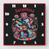 Farbenfrohe Elefanten, die Gitarre im Zirkus schla Quadratische Wanduhr (Vorderseite)