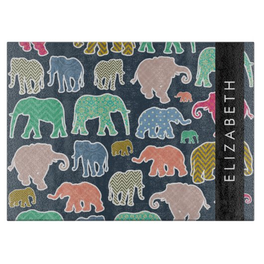 Farbenfrohe Elefanten, Elefantenmuster, Ihr Name Schneidebrett (Vorderseite)