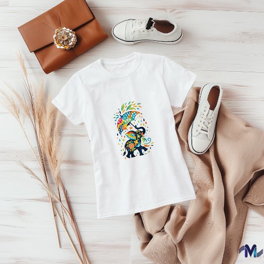 Farbenfrohe Elefanten mit Schirmkunst T-Shirt