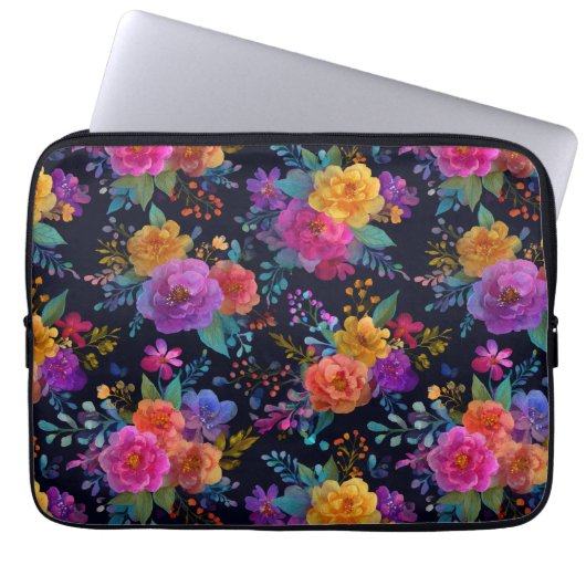 Farbenfrohe Elegante Blume auf dem Schwarzen Glamo Laptopschutzhülle (Vorderseite)