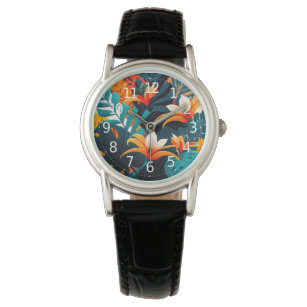 Farbenfrohe Elegante Tropische Blätter und Blume   Armbanduhr