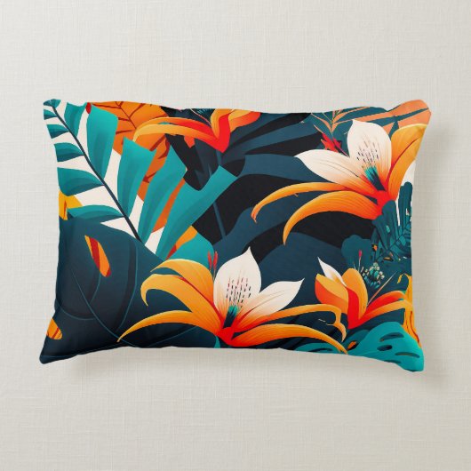 Farbenfrohe Elegante Tropische Blätter und Blume | Dekokissen (Rückseite)