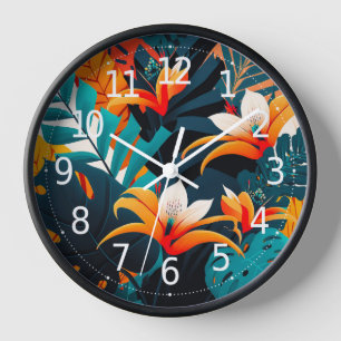 Farbenfrohe Elegante Tropische Blätter und Blume   Uhr