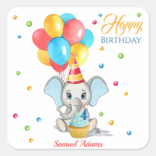 Farbenfrohe Elephant Cartoon Kindergeburtstag Quadratischer Aufkleber