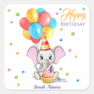 Farbenfrohe Elephant Cartoon Kindergeburtstag Quadratischer Aufkleber