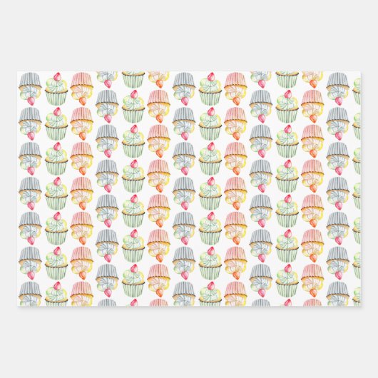 Farbenfrohe Erdbeere Topped Cupcake Muster Geschenkpapier Set (Vorderseite 3)