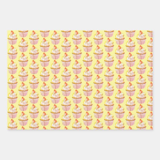 Farbenfrohe Erdbeere Topped Cupcake Muster Geschenkpapier Set (Vorderseite)