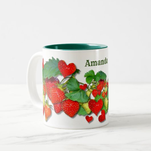 Farbenfrohe Erdbeeren personalisierbar Zweifarbige Tasse (Vorderseite Links)