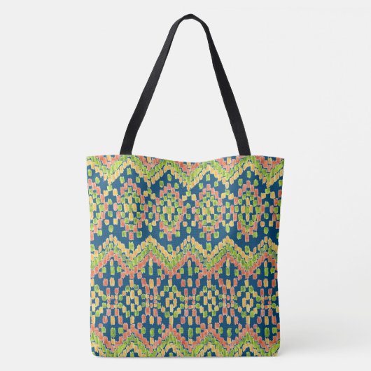 Farbenfrohe Ethnic Ikat Muster auf blau Tasche (Rückseite)