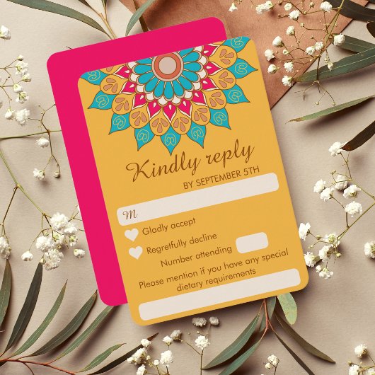 Farbenfrohe Ethnic Mandala Bold & Bright Wedding RSVP Karte