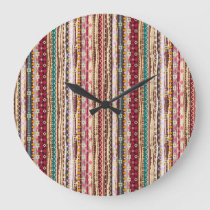 Farbenfrohe ethnische Boho-Stammesmuster Große Wanduhr