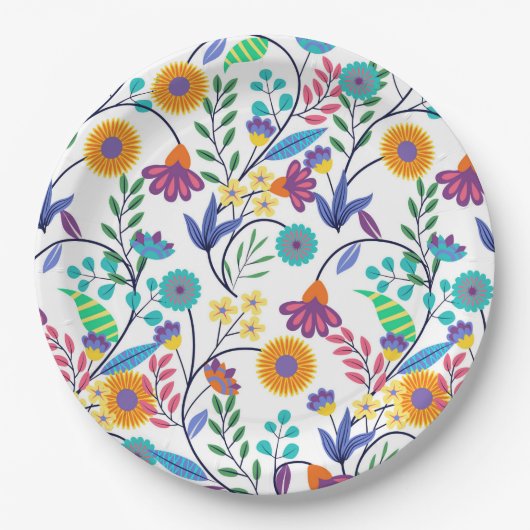 Farbenfrohe, exotische, florale Hintergrundmuster- Pappteller (Vorderseite)