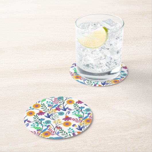 Farbenfrohe, exotische, florale Hintergrundmuster- Runder Pappuntersetzer (Vor Ort)