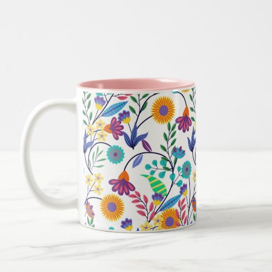 Farbenfrohe, exotische, florale Hintergrundmuster- Zweifarbige Tasse (Links)