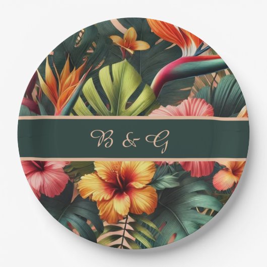 Farbenfrohe exotische hawaiianische Hochzeitmonogr Pappteller (Vorderseite)