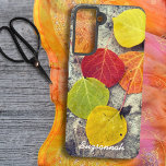 Farbenfrohe Fall Aspen Blätter Foto Personalisiert Samsung Galaxy Hülle<br><div class="desc">Dieses Design zeigt ein Foto von bunten Fall Aspen Blätter auf Stein mit und Template Text. Personalisieren oder entfernen Sie den Vorlagentext, oder klicken Sie auf Anpassen, um einen Schriftart auszuwählen, den Sie bevorzugen. Sie können dieses Design auch zu anderen Handy-Gehäusemarken oder einem der anderen Produkte hinzufügen, wo es passend...</div>