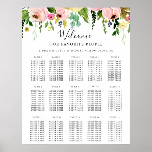 Farbenfrohe fallalphabetische Hochzeitstabelle Poster (Vorne)