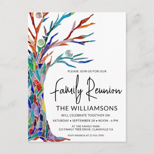 Farbenfrohe Familienbaum-Wiedersehen Einladungspostkarte (Vorderseite)