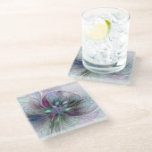 Farbenfrohe Fantasie Abstrakt Modernes Fraktal Blu Glasuntersetzer (Schrägansicht)