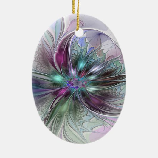 Farbenfrohe Fantasie Abstrakt Modernes Fraktal Blu Keramik Ornament (Hinten)