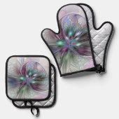 Farbenfrohe Fantasie Abstrakt Modernes Fraktal Blu Ofenhandschuh & Topflappen-Set (Vorderseite/Rückseite)