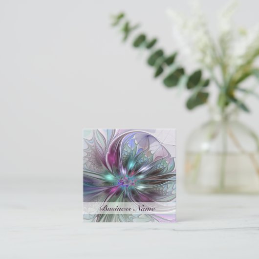 Farbenfrohe Fantasie Abstrakt Modernes Fraktal Blu Quadratische Visitenkarte (Stehend Vorderseite)