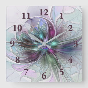 Farbenfrohe Fantasie Abstrakt Modernes Fraktal Blu Quadratische Wanduhr