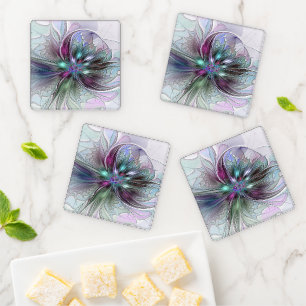 Farbenfrohe Fantasie Abstrakt Modernes Fraktal Blu Untersetzer Set