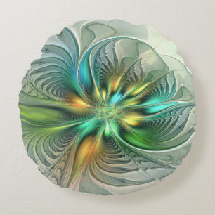 Farbenfrohe Fantasie Abstrakte Blume Fraktal Art Rundes Kissen