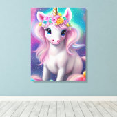Farbenfrohe Fantasie Kawaii Unicorn Leinwanddruck (Insitu (Holzboden))