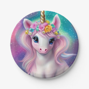 Farbenfrohe Fantasie Kawaii Unicorn Pappteller