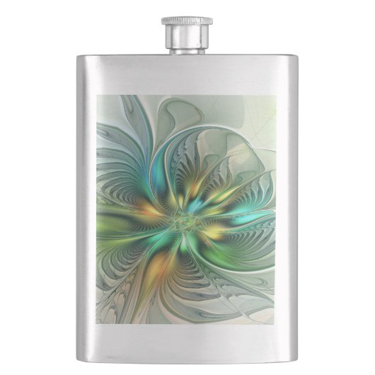Farbenfrohe Fantasie Moderne Abstrakte Blume Frakt Flachmann (Vorderseite)