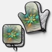 Farbenfrohe Fantasie Moderne Abstrakte Blume Frakt Ofenhandschuh & Topflappen-Set (Vorderseite/Rückseite)