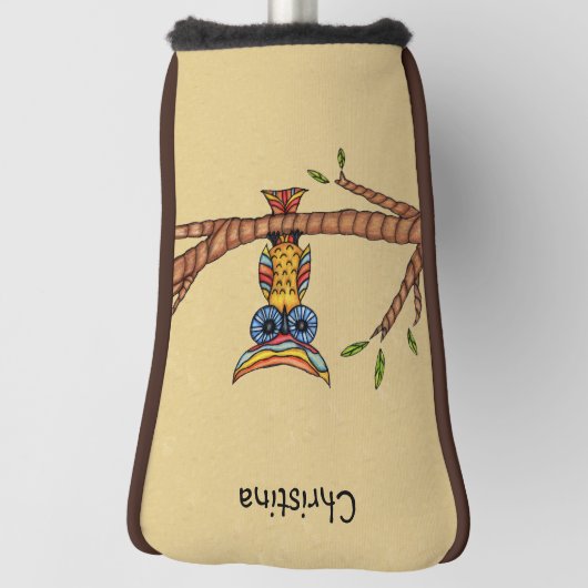 Farbenfrohe Fantasie Owl Blue Augen auf Branch Tan Golf Headcover (Rotieren 90)