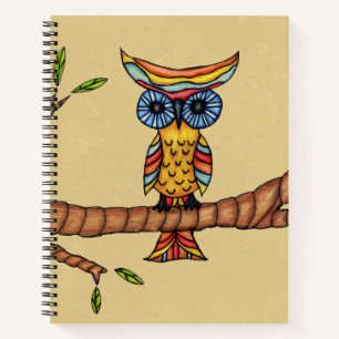 Farbenfrohe Fantasie Owl Blue Eyes Branch Blätter Notizblock