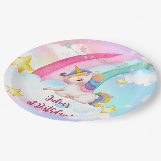 Farbenfrohe Fantasie Wasserfarbener Regenbogen Ein Pappteller (Schrägansicht)