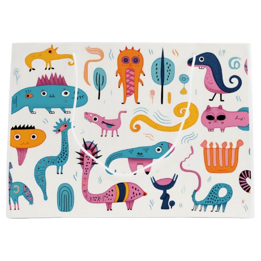 Farbenfrohe Fantasiewesen auf weiß Große Geschenktüte (Vorderseite)