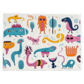 Farbenfrohe Fantasiewesen auf weiß Große Geschenktüte (Rückseite)